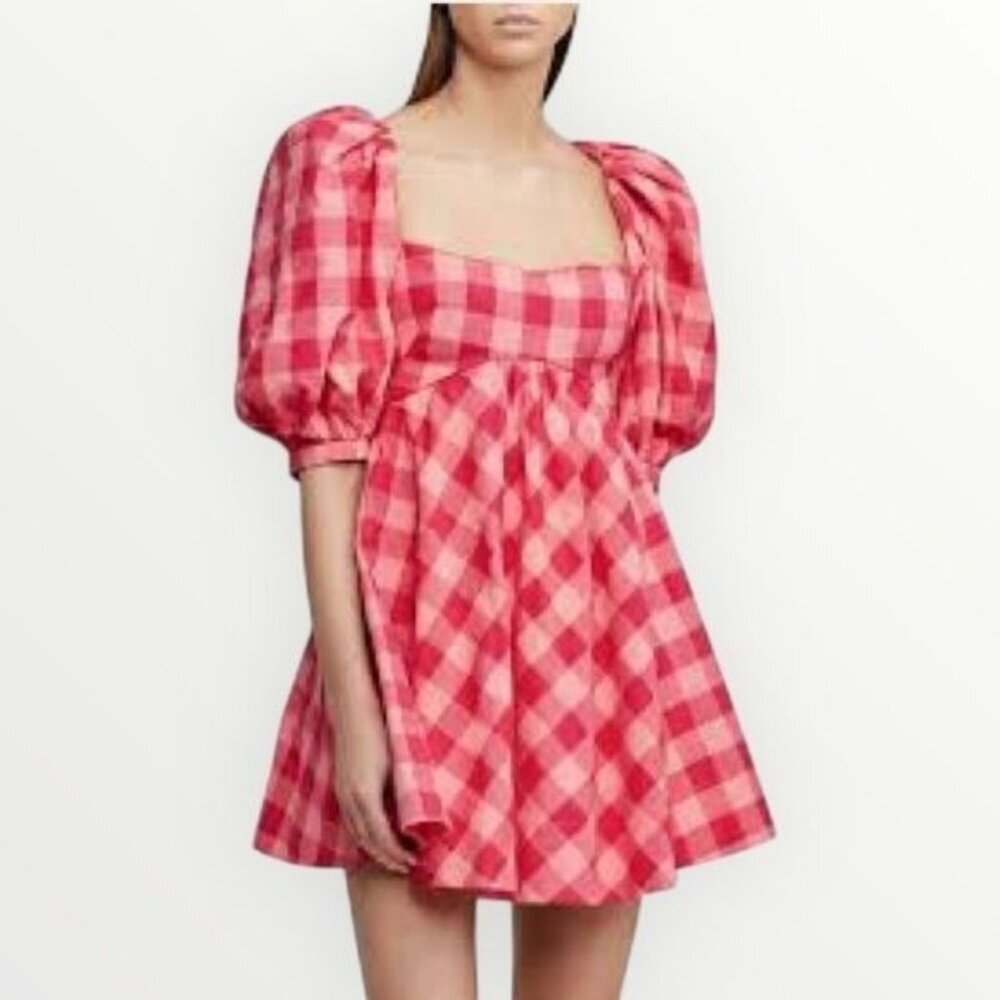 Acler Perry Gingham Balloon Sleeve Mini Dress in Red